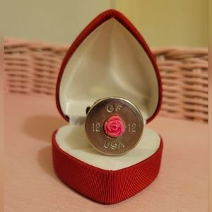 Silver 12 guage Shotgun shell usa pink rose filigree art deco adj ammo ring NWT
